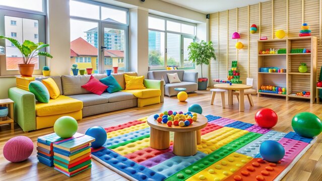 Vibrant play area filled with colorful toys, balls, and blocks, surrounded by comfy couches, encouraging little ones to learn, play, and make new friends together.