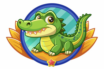 Obraz premium Cartoon Crocodile with a Blue Circular Frame and Gold Feathers