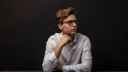 Obraz premium A young student with glasses and a white shirt sitting in a classroom, with a serious look on his face, worried about returning to class.