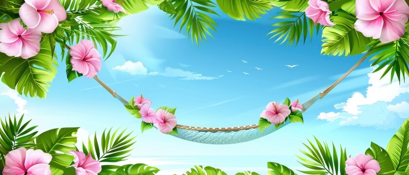 Tropical hammock scene with lush green leaves and pink hibiscus flowers, set against a vibrant blue sky and calm ocean view.