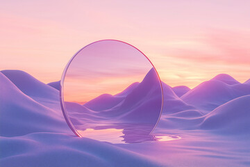 3d of mirror in the desert,  fantasy landscape in the style of light pink and violet