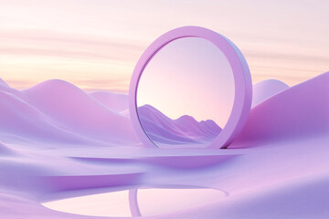 3d of mirror in the desert,  fantasy landscape in the style of light pink and violet