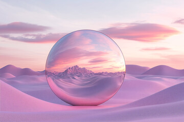 3d of mirror in the desert,  fantasy landscape in the style of light pink and violet