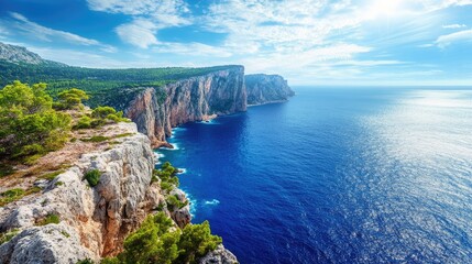Breathtaking panoramic view of coastal cliffs meeting the blue sea, offering a mesmerizing natural spectacle.
