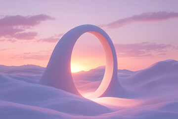 3d of mirror in the desert,  fantasy landscape in the style of light pink and violet