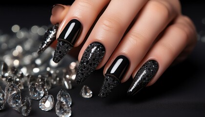 Glamorous black Nails with Sparkling Rhinestones