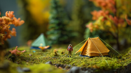 紅葉の自然に囲まれキャンプをする男性のミニチュア背景_Miniature background of a man camping surrounded by autumn leaves nature