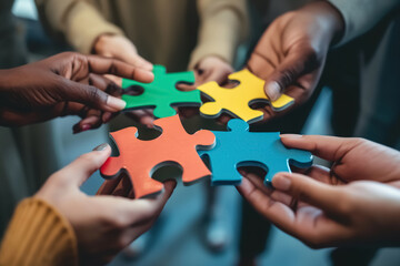 A group of diverse hands holding colorful puzzle pieces that fit together perfectly, symbolizing the idea that each person's unique qualities can contribute to an overall whole or team success