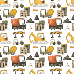 Urban pattern with heavy construction technicians. Simple hand drawn background for boys. Seamless background with cars. Design and Printing, Textiles, Wrapping Paper and Children's Room
