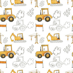 Cartoon vehicles seamless pattern. Cute kids cars and truck on a white background. Hand drawn baby transport for textile.