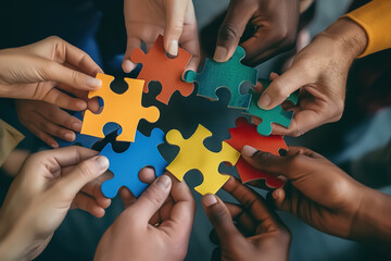 A group of diverse hands holding colorful puzzle pieces that fit together perfectly, symbolizing the idea that each person's unique qualities can contribute to an overall whole or team success