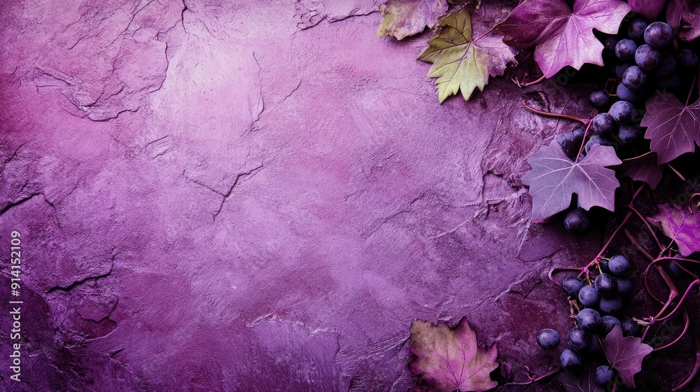 Poster Grape vines and leaves on a textured purple stone background, with space for popular messages and themes.