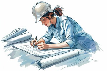 A female architect is meticulously designing blueprints for a new building, paying close attention to every detail. Her workspace is cluttered with papers, pencils, and other design tools.