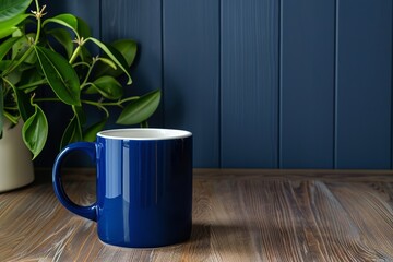 A simple dark wood desk with a cobalt blue mug and a notebook and Ficus is ideal for mockups, Generative AI.