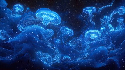 Fototapeta premium Mesmerizing swarm of glowing jellyfish swimming in the deep sea, their bioluminescence creating a captivating display.