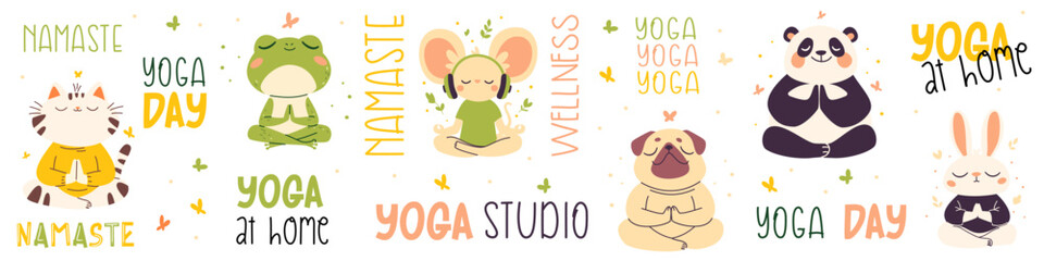 Vector collection of animals in lotus pose. Pug, panda, rabbit, mouse, cat and frog in lotus pose meditating, yoga lettering. Vector illustration