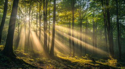 Naklejka premium A peaceful forest scene with sun rays shining through the trees, creating a serene and tranquil atmosphere. Suitable for nature-related content and environmental themes.