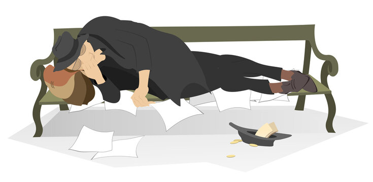 Beggar. Homeless and poor man. 
Hungry and chilled man sleeping on the bench. Hobo, bum, tramp or vagabond
