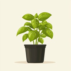 Fototapeta premium Green Basil Plant in a Black Pot.