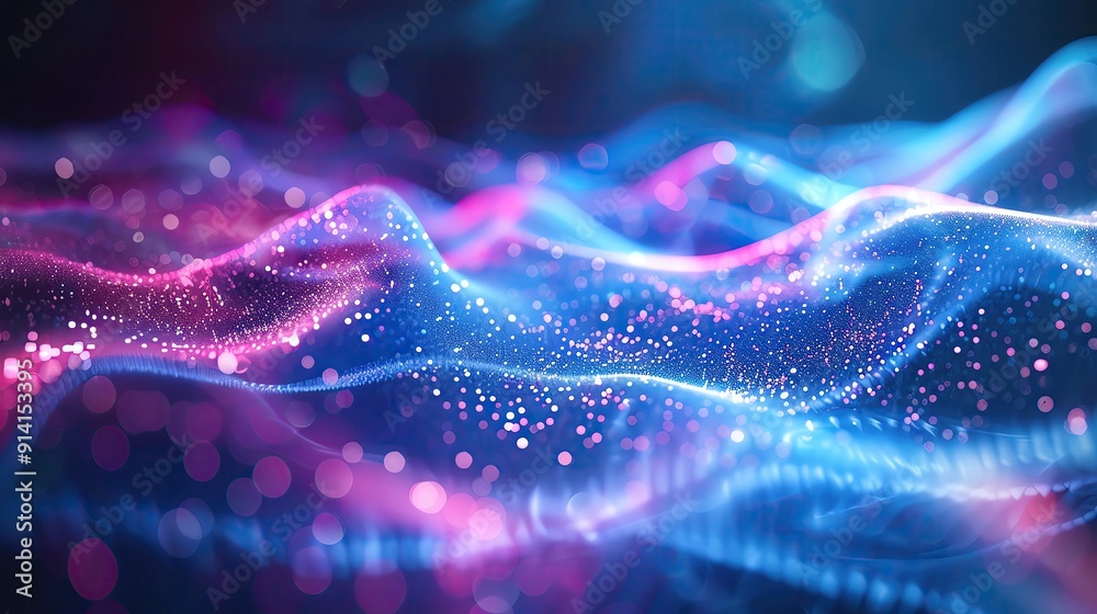 Poster abstract digital wave background with vibrant colors and glowing particles creating a mesmerizing vi