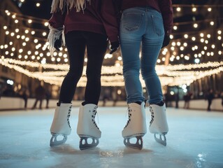 two people ice skating on an outdoor rink at night under string lights.  Both have their hands around each other's waists in the style of a romantic moment