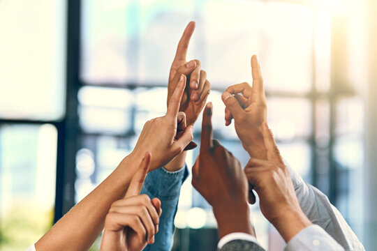 Business people, fingers and ask question in office, feedback and emoji with pointing for vote. Employees, team building and hand up for problem solving or solution, workshop and community opinion