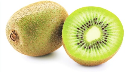 Fototapeta premium A ripe, juicy kiwi, both whole and halved, showing the vibrant green flesh and tiny seeds, on a white background.