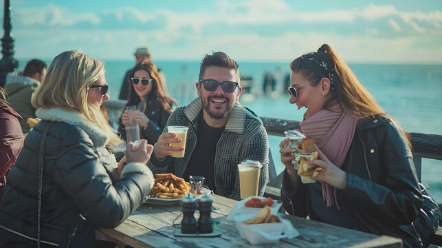 Group of friends smiling, eating fish and chips, enjoying sunny day on Brighton Pier. - Powered by Adobe