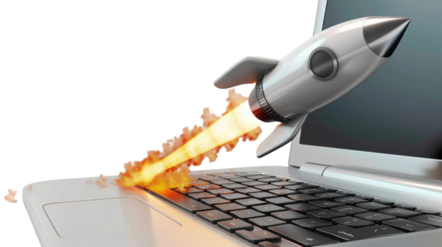 Rocket exiting laptop screen on transparent background