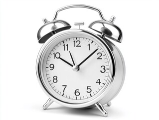 A silver alarm clock on a white background