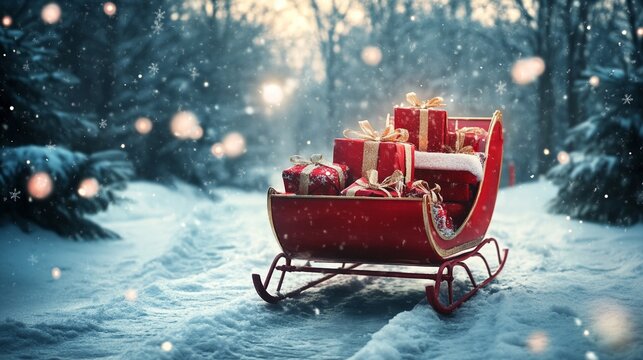 A red sleigh with presents on a snowy background