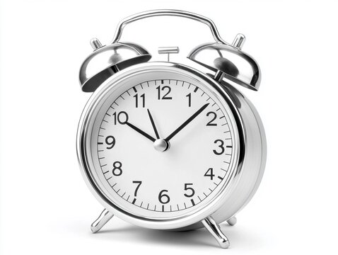 A silver alarm clock on a white background