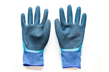 Warm winter rubberized gloves with fur white background.