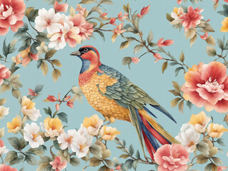 Floral Art. Peony Blossoms and a colorful bird. Delicate floral motifs in soft pastel tones. Soft-textured watercolor technique. Oriental Style