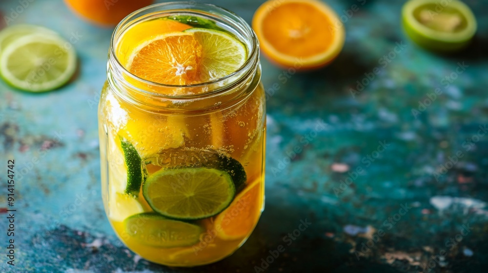 Poster A jar filled with fresh lemon and lime slices, surrounded by scattered citrus fruits on a textured surface.
