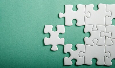 Obraz premium An incomplete white cardboard puzzle on a green background with space for text, one incorrect component, and a missing piece that represents teamwork use the copy space image, Generative AI.