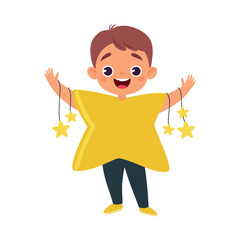 Boy Character in Star Costume Celebrate Christmas Holiday at Winter Vector Illustration