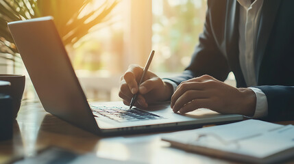 Naklejka premium A business professional attending an online course, taking notes, and engaging with the instructor on a laptop 