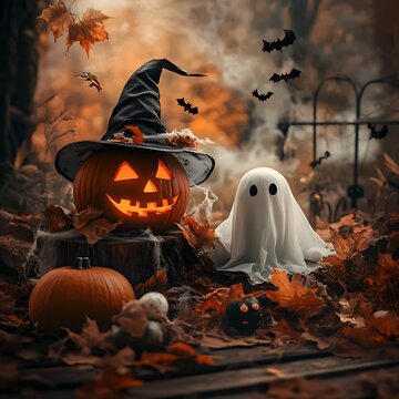 Foto von schaurigen K&uuml;rbissen und einem Gespenst zu Halloween