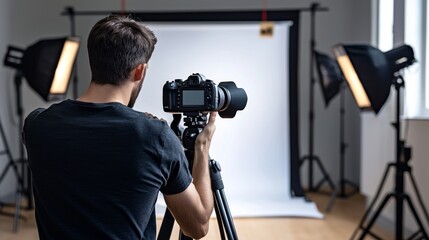 Photographer Adjusting Camera in Studio with Lighting Setup