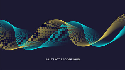 Abstract dynamic lines on dark background. Modern yellow and blue flowing wave lines. Futuristic technology concept. Vector illustration