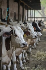 A group of cows are standing in a pen. One cow is white and brown, another is white and black, and the third is white and black