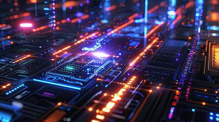 Fototapeta premium Vibrant circuit board with glowing components and intricate details, perfect for technology and digital innovation themes.