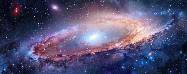 Obraz premium A stunning view of a spiral galaxy surrounded by twinkling stars and vibrant cosmic colors, evoking the beauty of the universe.