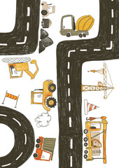 Heavy construction equipment in the city, road repair, asphalt pavement.