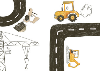 Heavy construction equipment in the city, road repair, asphalt pavement.
