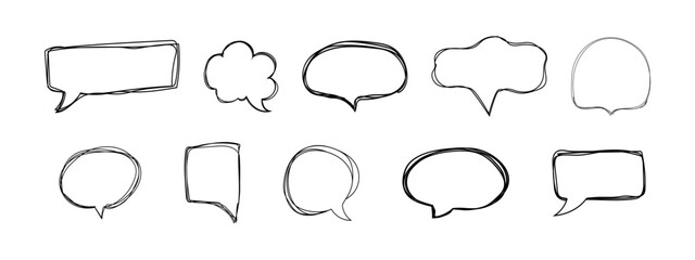 Speech bubble frame scribble fast hand drawing, pent or marker drawing. Comic sketch border, highlight. Cloud, heart, circle bubble chat, text box.