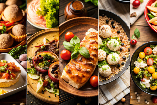Apetitoso collage de comida saludable para restaurante. Fotograf&iacute;as de comida natural para puesto de comida. Ricos platos sanos para dieta de adelgazamiento. Varias cocinas