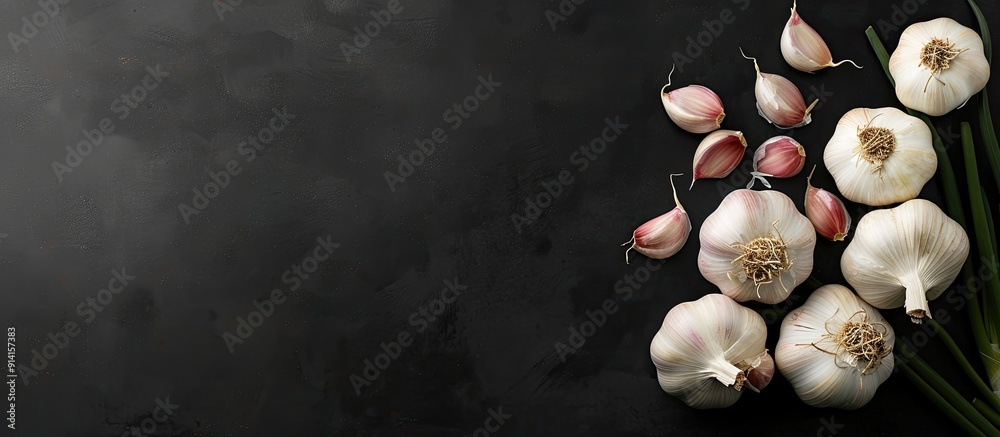 Poster Garlic heads displayed in a top view arrangement on a black background with ample copy space image