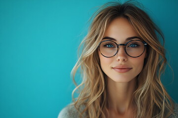 Obraz premium portrait of a pretty woman with blond hair and glasses on a blue background
